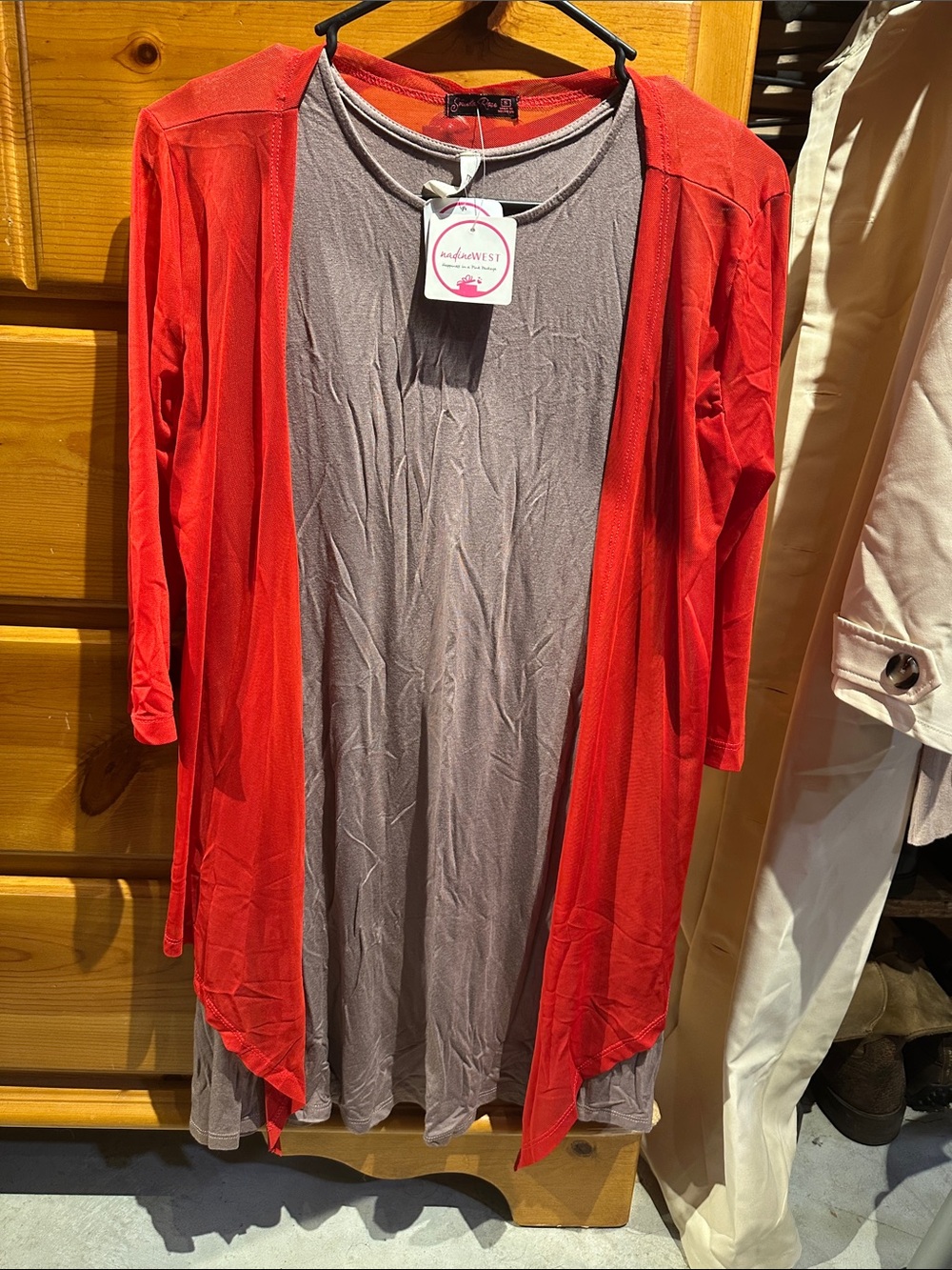 Nadine West taupe dress with sheer red cardigan. Small new with tags